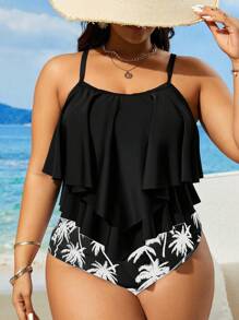Swim Lushoire Plus Size Random Print Tankini Swimwear Set For Summer Beach Vacation