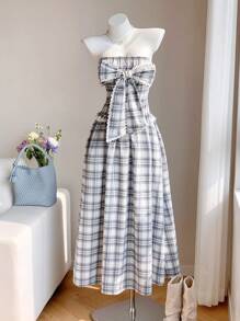 Comfortcana Women's Plaid Print Bowknot Decorated Dress - Blue - View 1