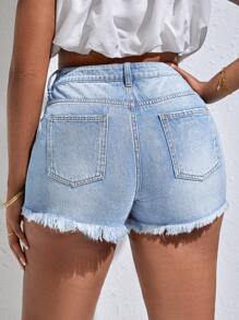 SHEIN PETITE CURVE Pantalones cortos vaqueros azules con efecto desgastado y talla grande para mujer, conjunto de vestimenta de verano, para el 4 de Julio, Día de la Independencia, shorts de talle alto, jeans de talle alto, shorts vaqueros de vaquera, con cintura elástica