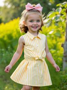 SHEIN Leap Crew Babygirl 可爱条纹扭纹无袖上衣，夏季百搭 - 黃色 - 查看 1