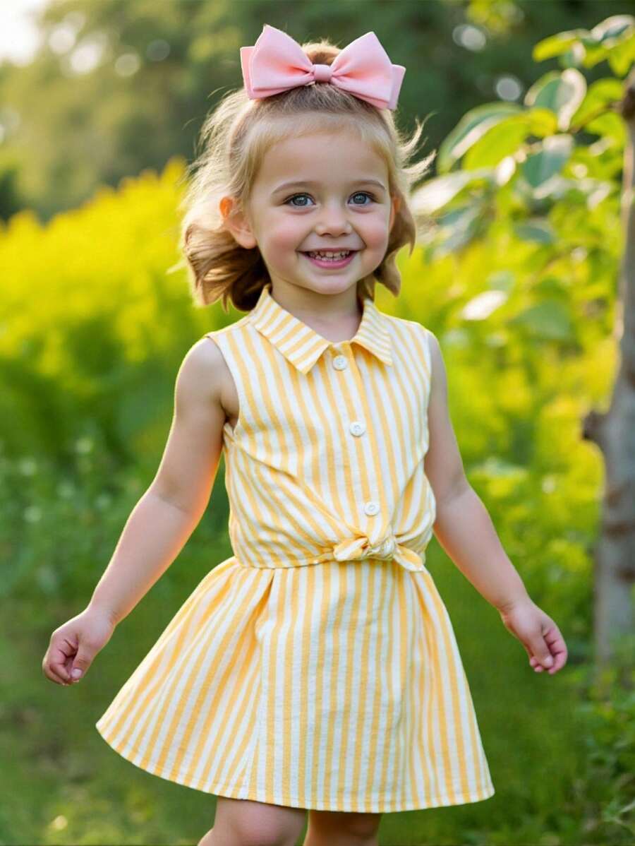 SHEIN Leap Crew Babygirl 可爱条纹扭纹无袖上衣，夏季百搭 - 黃色 - 查看 1