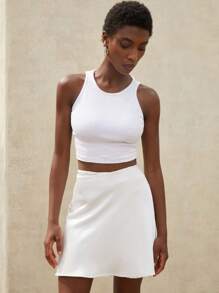 Aveloria Modichic New Classic French Elegant Minimalist Satin Solid Color Tie-Up Adjustable Waist Casual High Waist Mini Skirt For Women - White - View 5