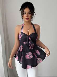 Elenzga Women's Summer Spaghetti Strap Elasticated Waist Casual/Resort Floral Print Mesh Transparent Sexy Cold-Shoulder Tank Top