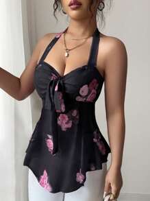 Elenzga Women's Summer Spaghetti Strap Elasticated Waist Casual/Resort Floral Print Mesh Transparent Sexy Cold-Shoulder Tank Top