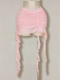 SHEIN ICON Falda de tul rosa con volantes, pliegues y ruedo con volantes, talla grande, para primavera