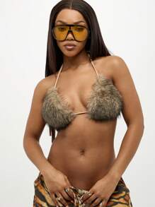 SUMWON WOMEN Fur Triangle Bikini Top Festival Rave Beachwear Winter Furry Plush Swimwear Beach Bralette Resort Party Halter Top