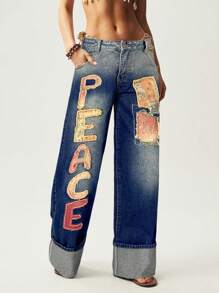 Bohemela Damen weite Jeans mit Buchstaben Applikation und Taschen, verwaschen - Dunkle Waschung - Übersicht 2