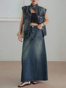 Dazy-Less Vintage Washed Denim Jacket & Straight Skirt 2 Pieces Set, Office/Commuter Casual Business Loose Fit Short Sleeve Summer/Spring/Autumn - Dark Wash - View 7