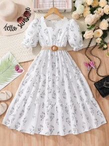 Tween Girl Floral Print Puff Sleeve Ruffle Hem Dress - White - View 3
