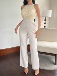 DAZY 优雅铆钉珍珠装饰圆领无袖女式连体裤，夏季，返校服装