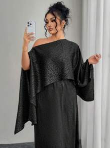 Modelyn 两件套加大码不对称领修身连衣裙和披肩上衣套装 女装 生日装 休闲装 夏季服装 加大码女式连衣裙 - 黑色 - 查看 1