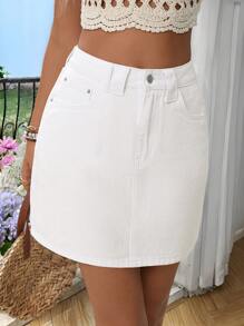 Breezaya Casual Summer Fashionable Solid Color Denim Mini Skirt For Women - Beige - View 6