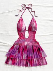 Soleia 女式复古扎染印花深 V 领露背蝴蝶结荷叶边下摆迷你连衣裙，适合派对、性感、约会、下午茶、街头服饰、度假、音乐节、海滩、夏季 - 彩色 - 查看 3