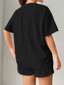 SHEIN EZwear Black Embroidered Crew Neck Short Sleeve & Short 2 Pieces Set, Plus Size Comfortable Two Piece Set