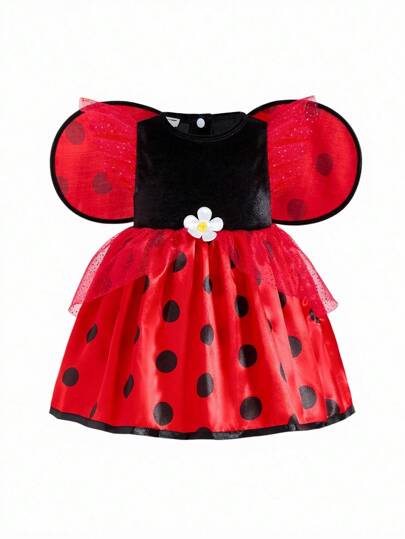 SHEIN Perso Play Niemowlę Dziewczynki Słodki Fantazyjny Słodki Biedronka Z Skrzydłami Strój, Nadaje Się Na Urodziny Przyjęcie Kostium, Występ Sceniczny, Plac Zabaw, Pasuje Do Dzieci 0-9M, Wiosna/Lato