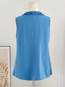 SHEIN PETITE Áo sơ mi không tay cổ chữ V xếp nếp chắp vá rộng rãi cho nữ mặc thường ngày và đi làm - Màu xanh ngọc - Xem 2