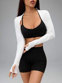 SHEIN PETITE Long Sleeve Crop Top Women Workout Top In Fall/Winter - Blue - View 9