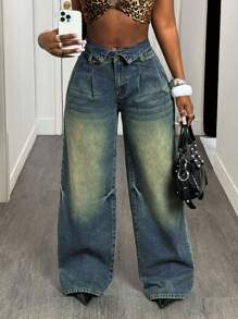 SHEIN PETITE Jeans de mezclilla lavados de cintura alta y pierna ancha, estilo casual y vintage de streetwear Y2K para mujer - Azul - Ver 6