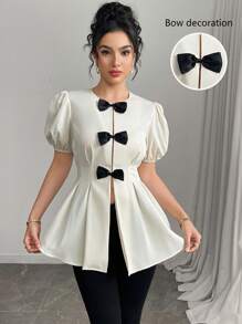 Modelyn Blusa de manga corta con cuello redondo, cintura ajustada con lazo, elegante, grácil y romántica