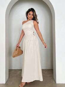 Xyvia Women's Elegant Solid Color Asymmetric Collar Dress, Summer - Apricot - View 3