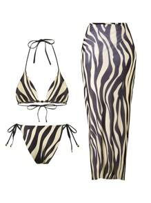 Swim SXY Women Sexy Zebra Print Holiday Suit 3 PiecesSwimwear Set: Beach Dress + Bikini