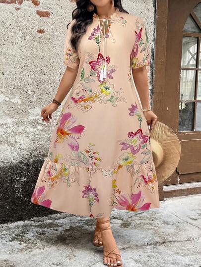 SHEIN LUNE 女式花卉印花长裙，休闲假日风格女士夏季服装度假服装女士夏季服装女士夏季服装