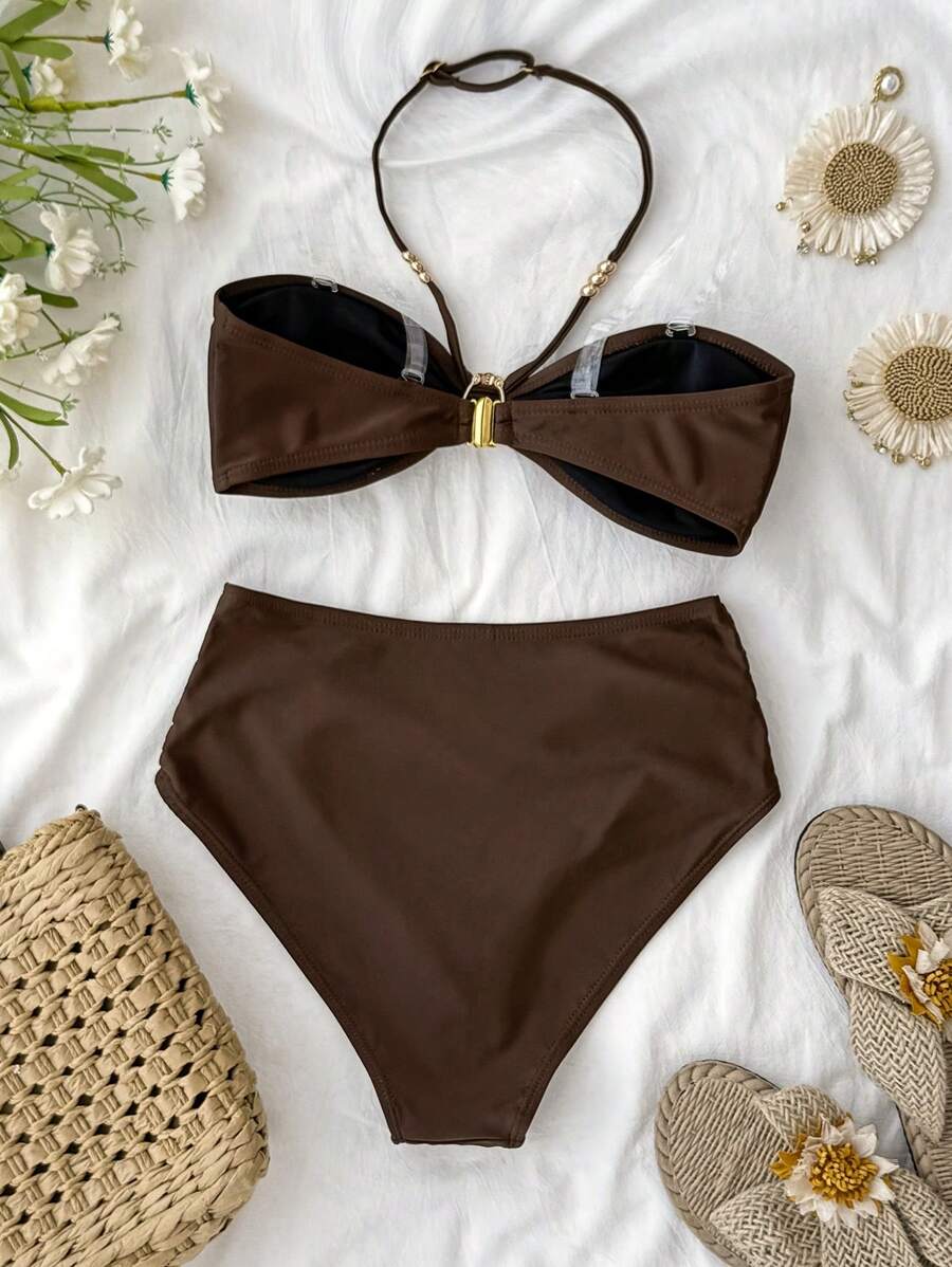 Teen Girls Brown Summer Elegant Vacation Metal Shell Beaded Halter High Waisted Tummy Control ,Summer Beach Seashell Bikini Brown High Waist Bikini - Coffee Brown - View 1