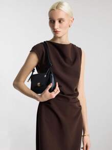 Ontre Đầm không tay xếp ly ôm dáng màu cà phê bằng vải dệt, mẫu mới mùa xuân/hè 2026 dành cho nữ, phong cách tối giản, thích hợp mặc đi làm, ngày Valentine và mùa cưới. - màu nâu - Xem 3