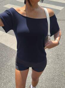 INAWLY 女式纯色圆领短袖休闲 T 恤，夏季图案 T 恤女式上衣 - 藏蓝色 - 查看 5