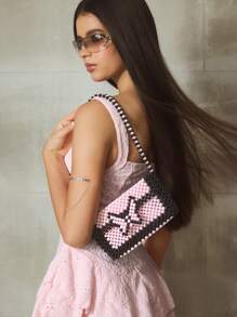 SHEIN ICON Ladies, Women Shoulder Bag, Hobo Bag, Black And Pink, Bead, Butterfly, Fashionable, Personalized, Simple, Versatile, Street, Sweet And Cool Girls, Hot Girls, Y2k, Retro, Rivets, Vintage, Teenagers, For Beach, Vacation, Holiday, Summer, Seaside, Beach Party, Date, Daily, Shopping, Afternoon Tea - Multicolor - View 8
