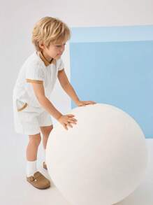 SHEIN Leap Crew 2 件套年轻男孩休闲舒适宽松短袖 Polo 衫和短裤