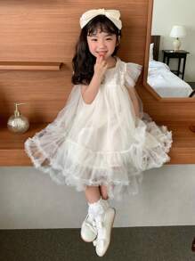 DAZY Young Girls Round Neck Sequin & Mesh Layered Formal Party Birthday Dress,Girls Summer Outfits - Apricot - View 1