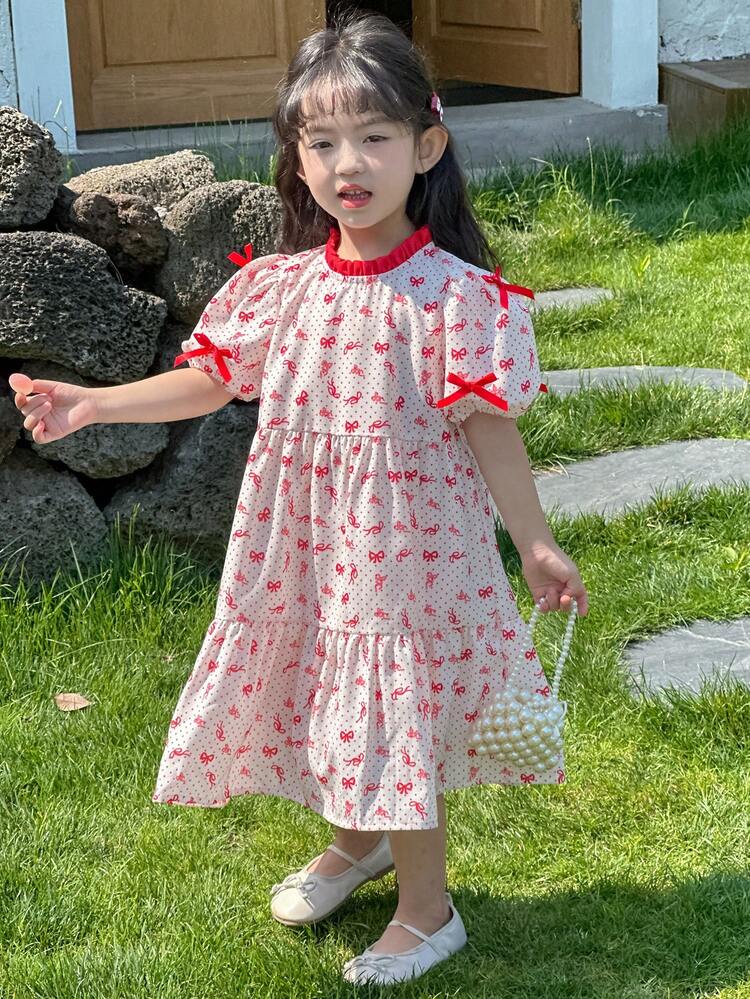Young Girls' Round Neck Full Print Bowknot Sweet Mid-Length Dress,Girls Summer Outfits