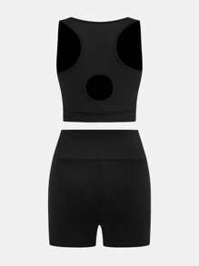 SHEIN 青少年女孩黑色针织镂空后背吊带背心和紧身裤两件套 - 黑色 - 查看 2