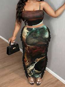 SHEIN SXY 大码女装春夏性感基本休闲街头风格复古元素印花流苏织带装饰酷炫半身裙休闲、购物、街头服饰、外出、轻松搭配且修身、凸显身材、修饰身材 - 彩色 - 查看 8