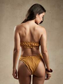 AiiRZ طقم بيكيني مطوي مصنوع من القطن، شريط ملابس علوية البلوزة والأسفل - خردل الأصفر - مشاهدة 2