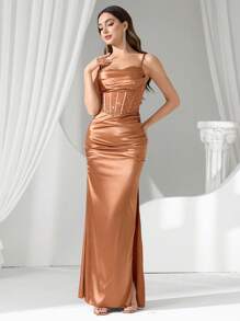 Coutiva 女式水钻装饰透视长款晚礼服 - 咖啡棕 - 查看 2