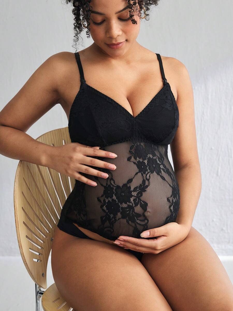 BloomMama 蕾丝边可调节肩带孕妇哺乳文胸 - 黑色 - 查看 1