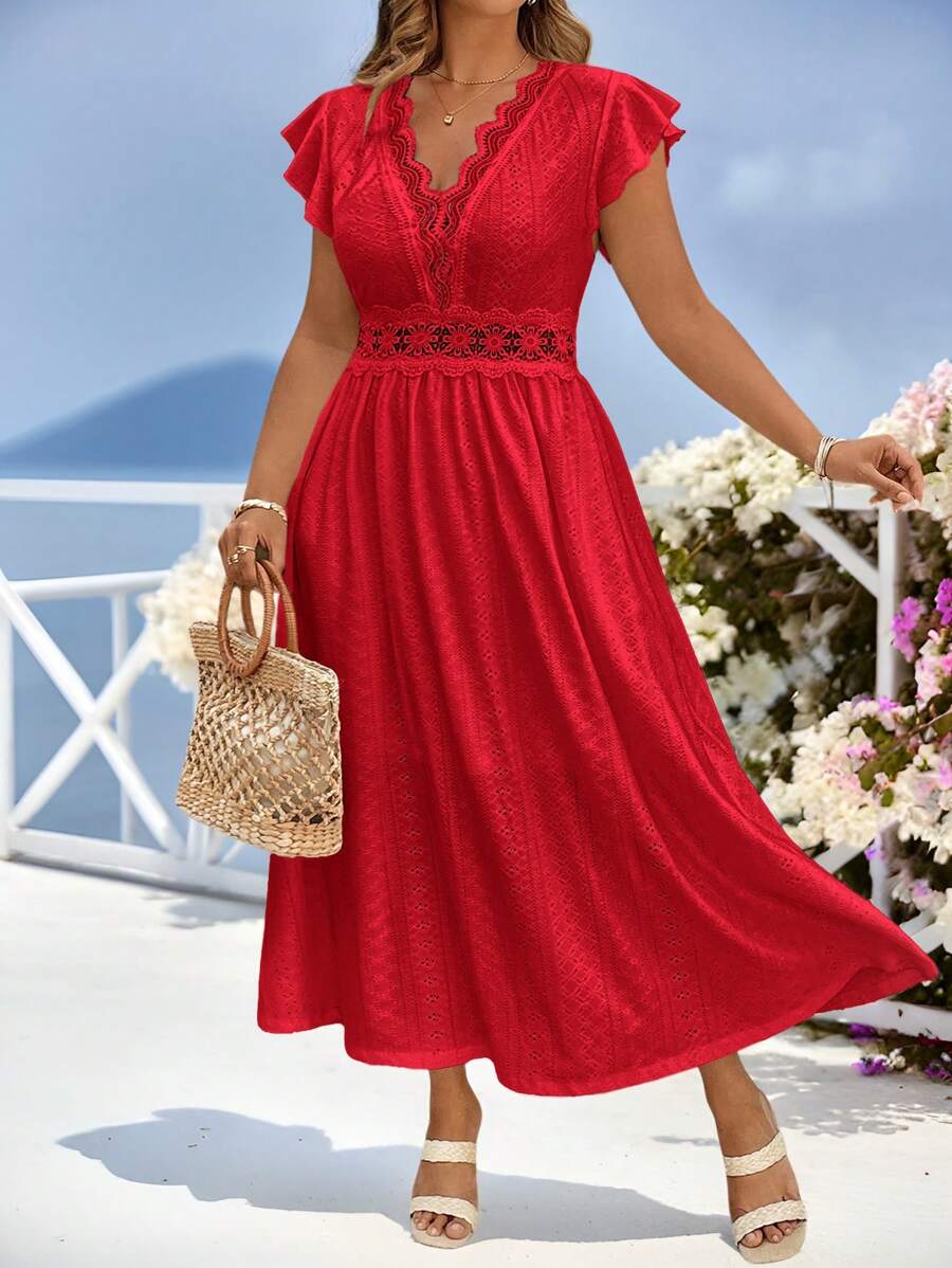 SHEIN Clasi Plus Size Women Spring/Summer Dress, White Knitted Jacquard Elastic Lace Patchwork Collar & Waist A-Line Cap Sleeve Dress,Summer Dresses For Women,Flowy Dress - Red - View 1