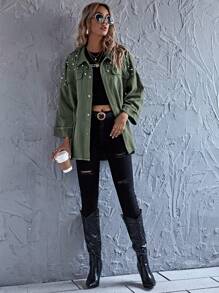Drop Shoulder Pearls Beaded Raw Hem Coat In Fall/Winter - Army Green - View 4