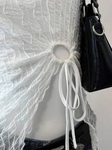 SHEIN EZwear Two Piece Set Women Black & White Mesh Drawstring   Bandeau Crop Tops