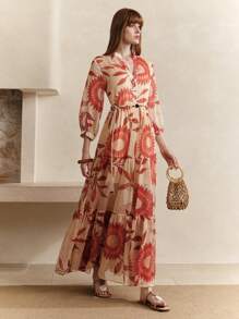 Arave 2 chiếc/bộ váy midi rộng rãi cổ chữ V in hoa cho nữ đi nghỉ ở bãi biển, mùa xuân và mùa hè - Màu be - Xem 7