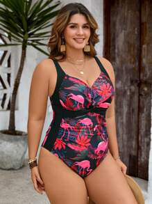 Swim Lushoire 大码女式动物印花连体厚肩带海滩度假比基尼泳装