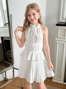 青少年女孩荷叶边领无袖上衣和褶皱迷你裙两件套 - 白色 - 查看 11