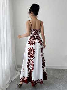 Selianne 印花V领性感宽松吊带连衣裙 - 紅色 - 查看 2