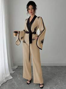 Chiquease Halloween 2pcs Set Spring Autumn Floral Print Tie-Up Waistline Jacket And Straight Loose Pants, Elegant Casual Outfit For Family Events, Weddings, Guests - Khaki - View 6