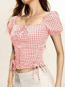 Rina Fox Plaid Print Square Neck Casual Bowknot Short Sleeve Blouse - Baby Pink - View 3