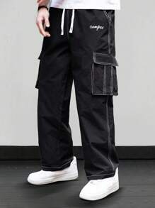 Claim Dot 男士字母印花抽绳腰部工装口袋阔腿休闲裤 - 黑色 - 查看 3