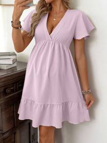 SHEIN Maternity Deep V-Neck Casual Midi Dress With Short Sleeves, Summer