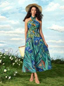 SHEIN Touch of Art 女士花卉印花无袖交叉挂脖长裙